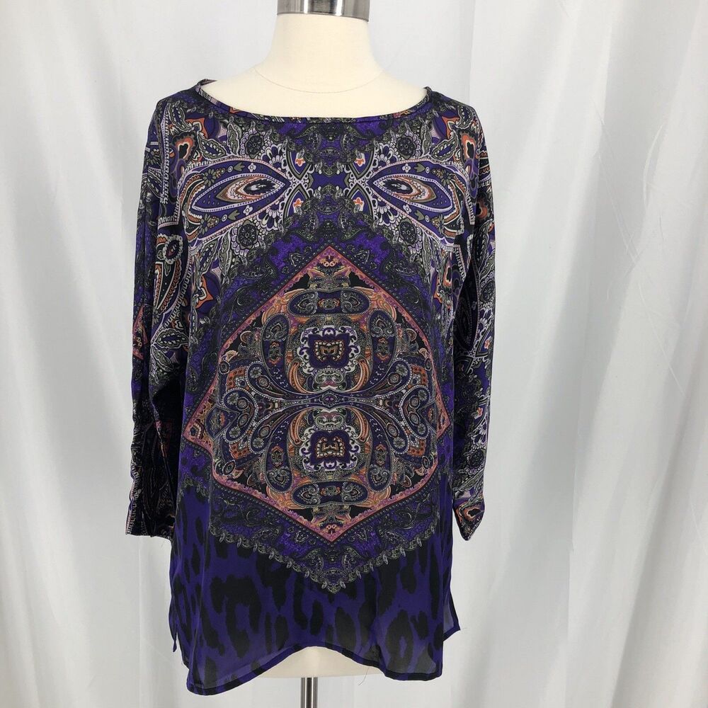 Chico's women's blouse Size 1 Purple Paisley 3/4 sleeve scoop neck woven office